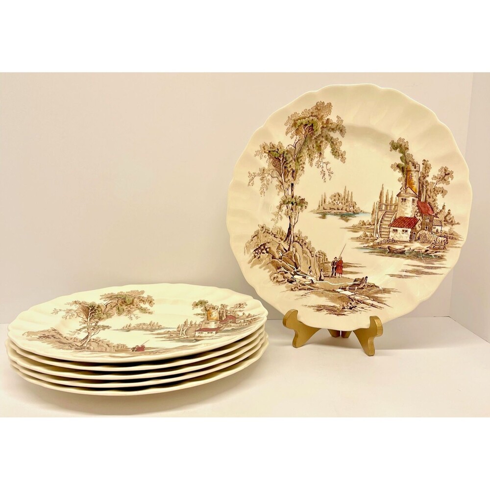 Johnson Bros THE OLD MILL set (6) 10" Plates Old Chelsea, Brown/Multicolor Scene